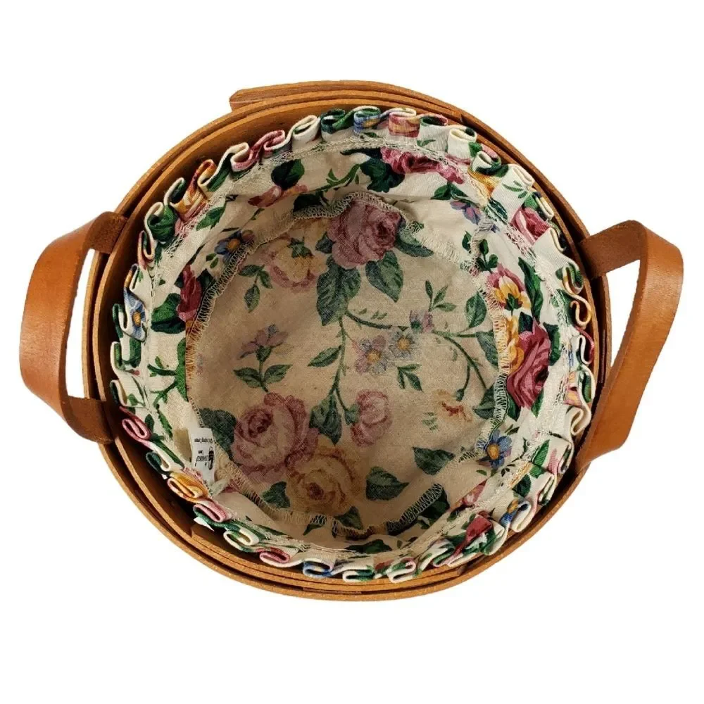 LONGABERGER Medium Handwoven Basket w/ Floral Fabric Liner | 1993 | USA Made